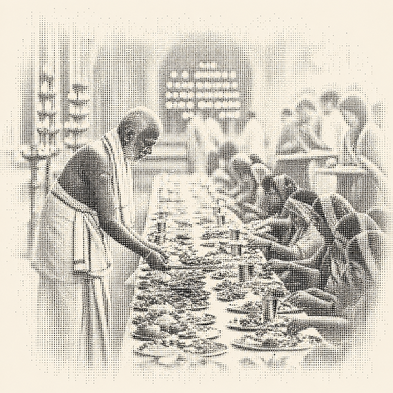 Illustrated communal dining scene